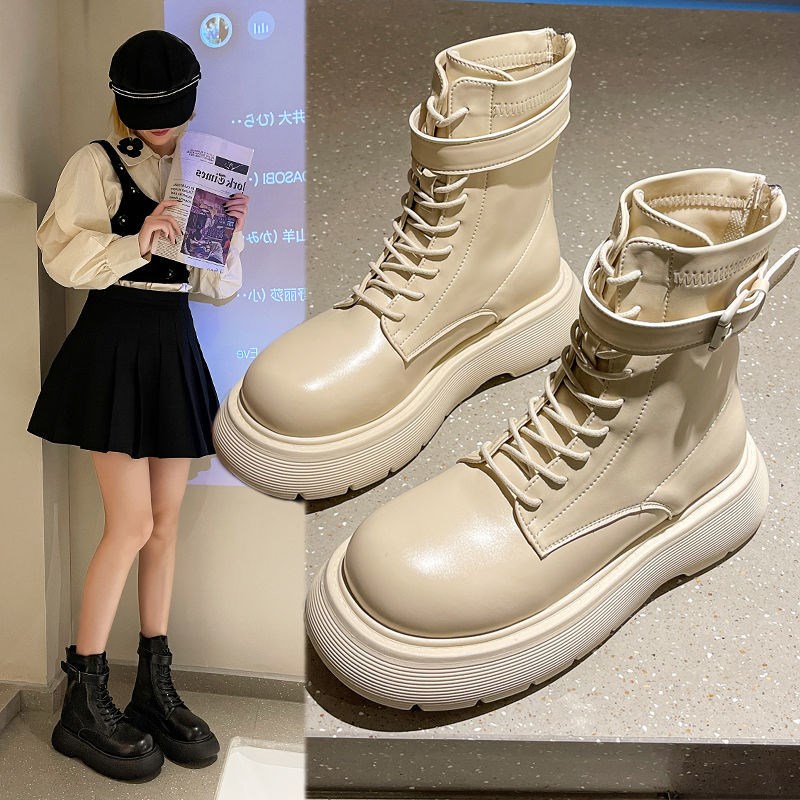 靴子女2021秋季薄款短筒马丁靴女百搭圆头中筒厚底英伦风机车短靴
