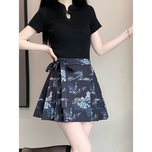 新中式 短款 马面裙女夏高级感黑色刺绣小个子a字百褶裙 国风改良版