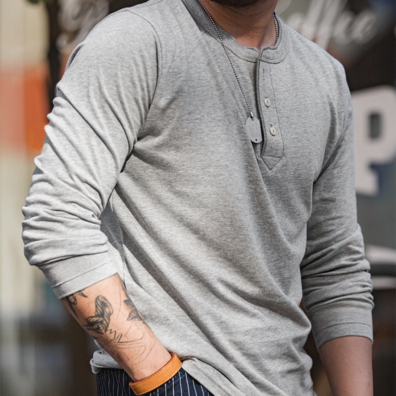 马登工装2024新款亨利衫长袖t恤内搭复古硬汉重磅打底衫春装男领