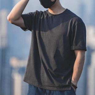 馬登工裝 男 厚實(shí)咔嘰夏純色潮半袖 重磅t恤日系寬松圓領(lǐng)深灰色短袖