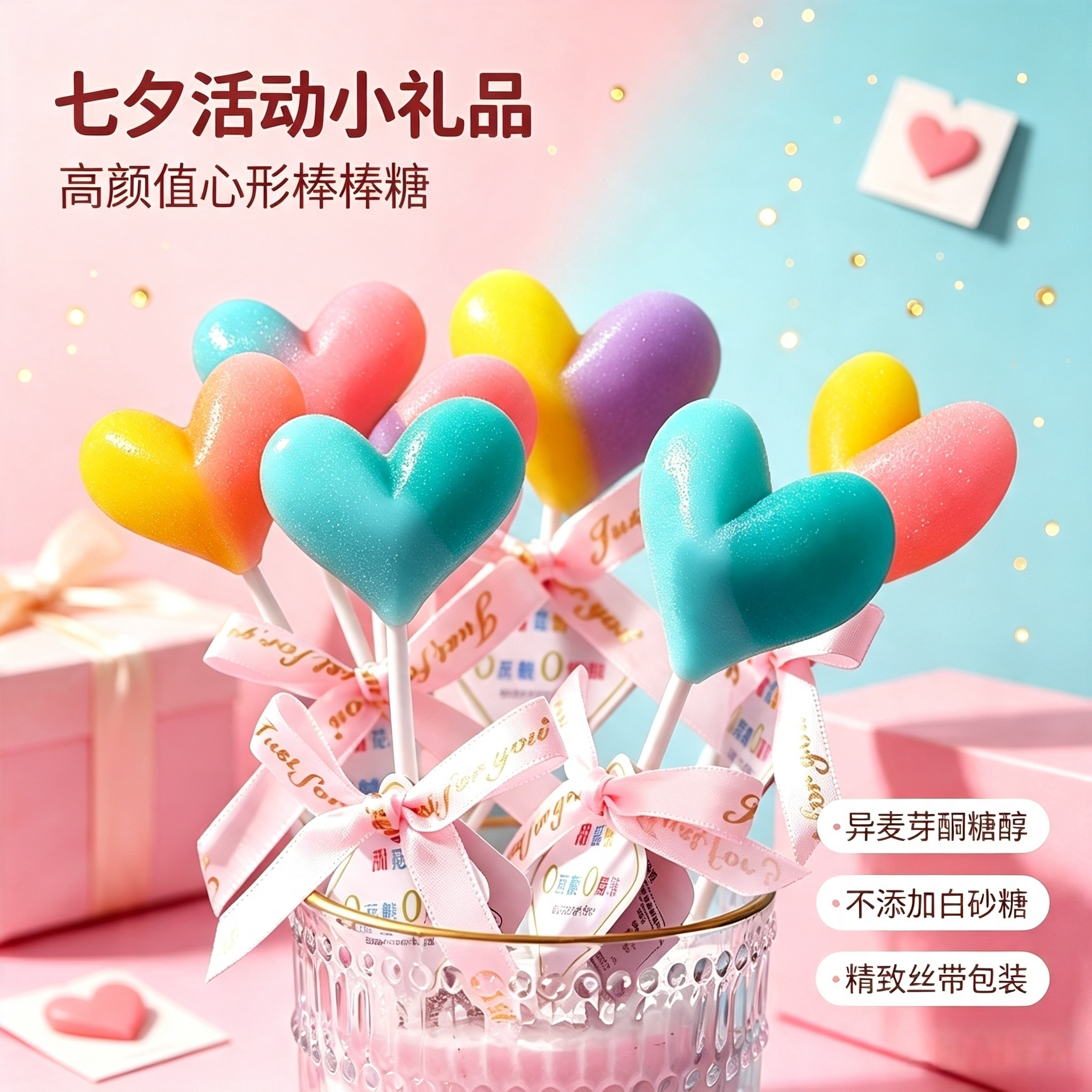 七夕情人节小礼品高颜值爱心棒棒糖无蔗糖零食商场酒店活动布置