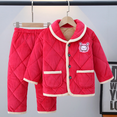 儿童睡衣冬季三层夹棉加厚款男童女孩加绒法兰绒女童珊瑚绒家居服