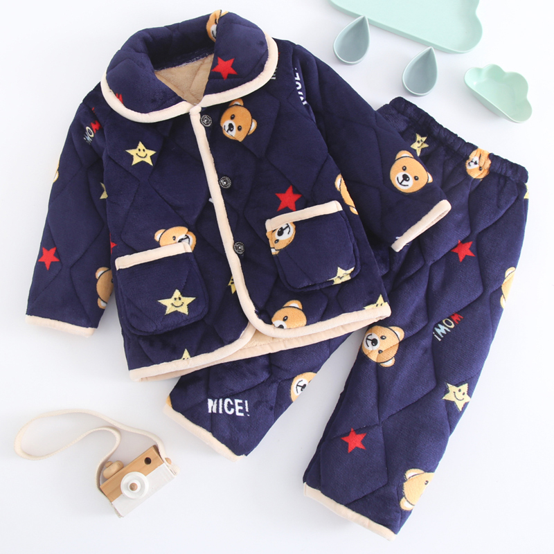儿童睡衣冬季加厚加绒法兰绒男童宝宝珊瑚绒女童三层夹棉保暖套装