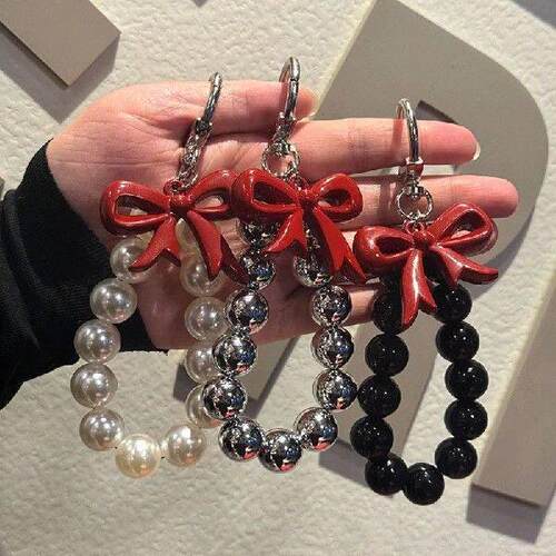Red Bow Phone Chain Beaded Keychain Sweet Girl Anti-lost