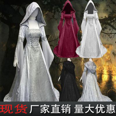 跨境2022简约女装cos服中世纪复古风婚纱4色连帽束腰连衣裙cospla
