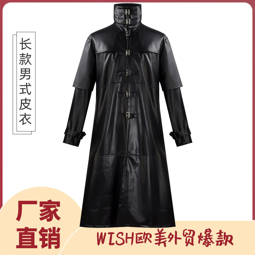 时尚男装纯色翻领紧身按扣长款男式PU皮衣现货