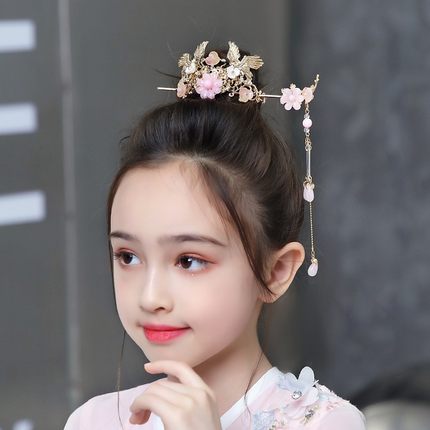 过年节日儿童古风旗袍头饰女孩汉服发饰流苏演出女童古装发簪套装
