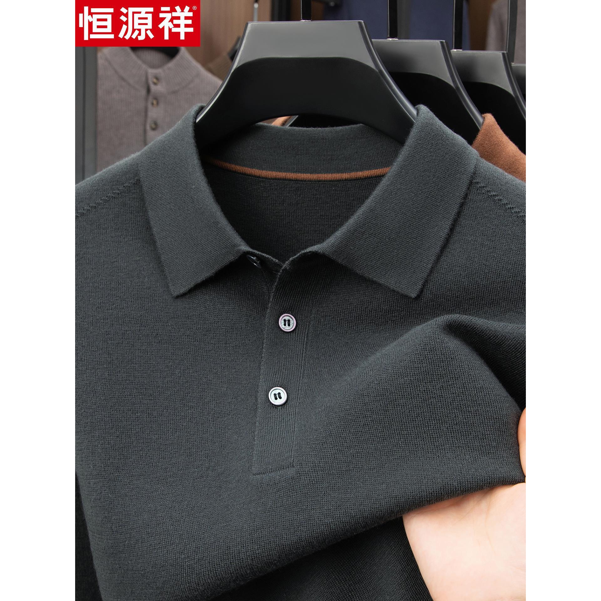 恒源祥厚款男士长袖T恤100纯羊毛衫秋冬季翻领宽松纯色新款上衣男