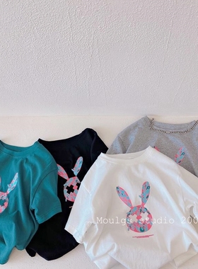 23夏季新品童装男童XX小兔子短袖T恤衫女童潮流出行休闲上衣