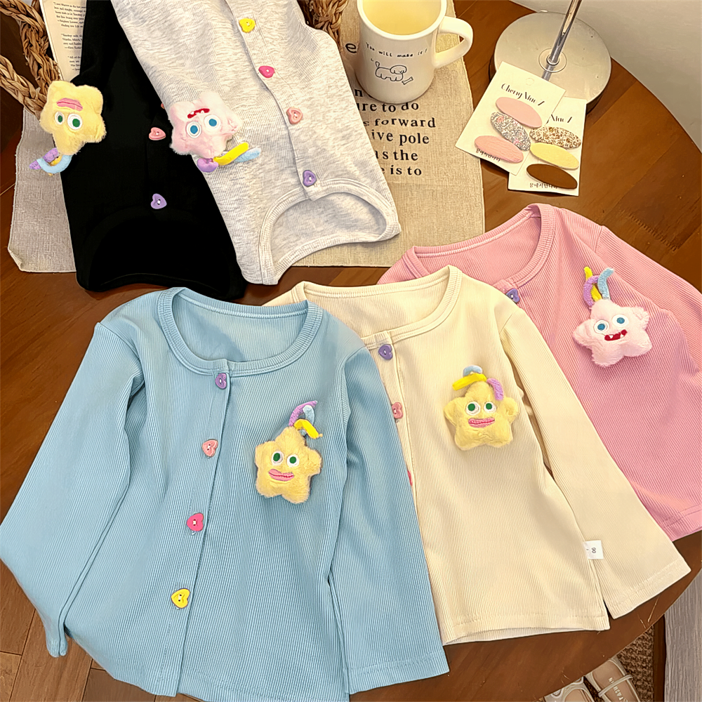 宝宝彩女童春秋扣色秋季长袖玩偶开衫外套搭打底糖果女百洋气