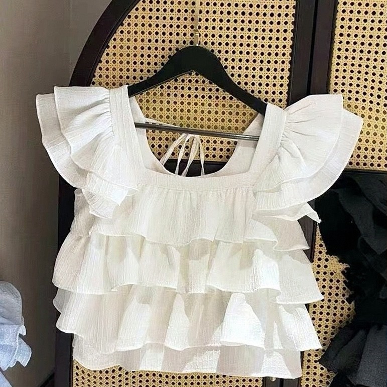 韩版女童儿童2023新款夏季中大童洋气木耳边飞袖方领衬衫无袖上衣