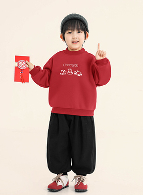 积木城堡男童加绒卫衣2025冬装新款儿童加厚红色上衣中小童过年服