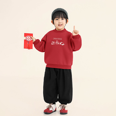 积木城堡男童加绒卫衣2025冬装新款儿童加厚红色上衣中小童过年服