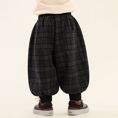积木城堡男童加绒裤子2025冬装新款儿童一体绒格子裤中小童束脚裤