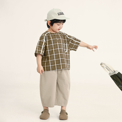 积木城堡男童短袖衬衣2025夏装新款儿童格子衬衫中小童薄款上衣
