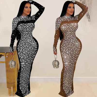 Mesh Diamonds Hot Rhinestones Dress Evening Birthday Dresses