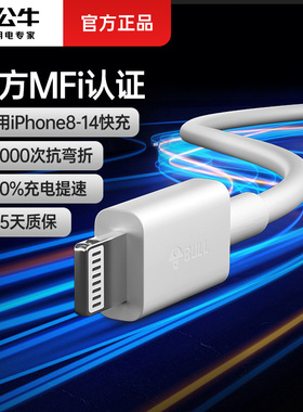 苹果13数据线mfi认证公牛正品iphone12充电线pd快充线typec转lighting手机7plus/11充电ipad版tpyec适用于6s