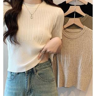 针织衫 新款 白色正肩短袖 女夏季 内搭上衣INS 圆领修身 显瘦辣妹短款