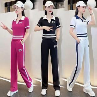 韩版 两件套 夏季 T恤直筒长裤 休闲运动套装 短款 潮流POLO衫 女装 短袖