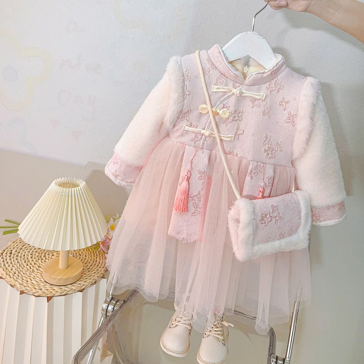 女童旗袍连衣裙冬季2024新款女宝宝粉色公主裙过年新衣国风拜年服