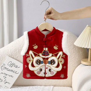 冬季喜庆加厚儿童马甲男女宝宝加绒保暖外穿背心国风刺绣无袖棉服