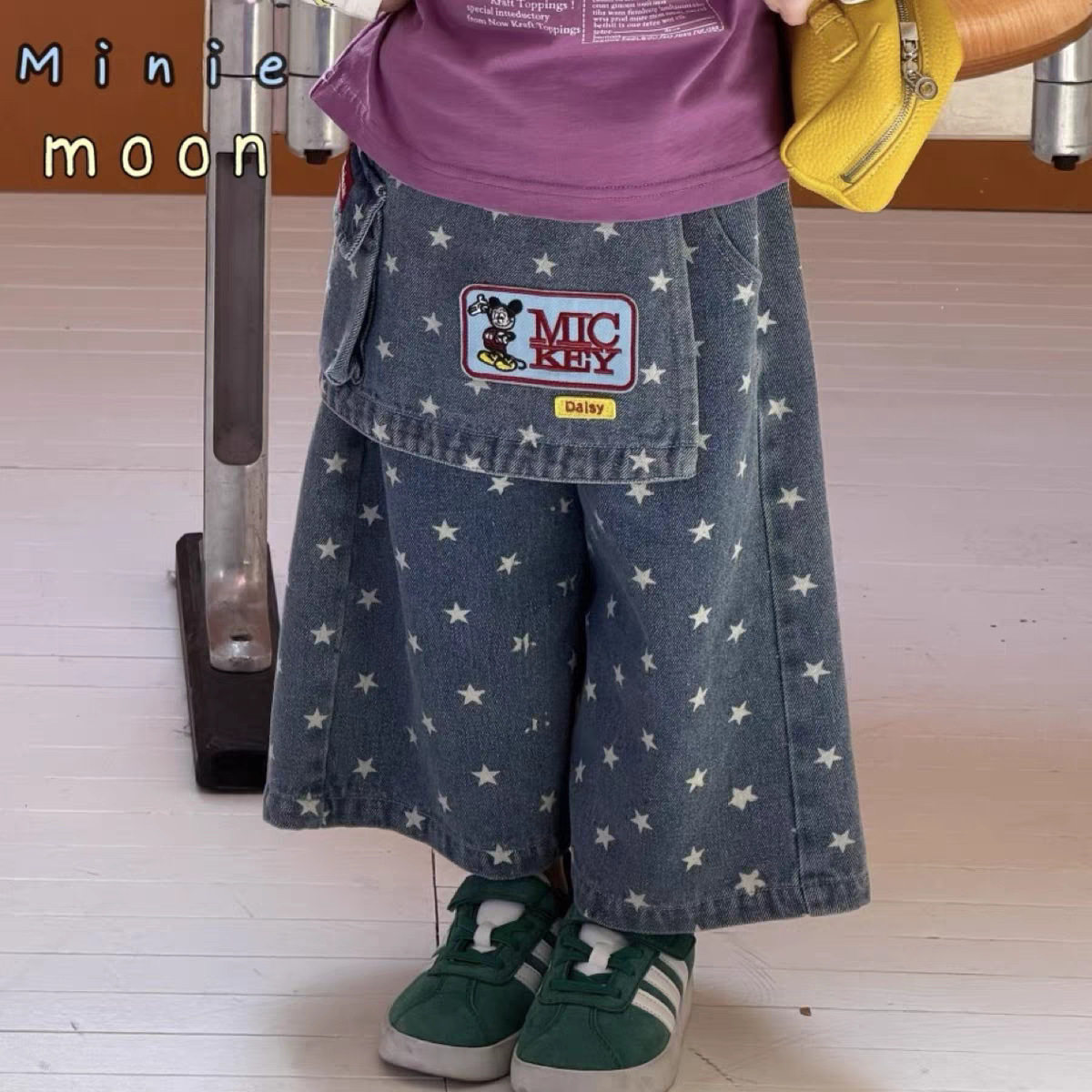 女童2026春季新款牛仔裤女宝宝韩版卡通屁帘阔腿裤儿童五角星裤子