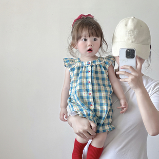 女宝宝衣服夏天格子小月龄连体衣婴儿夏季洋气包屁衣幼儿裙子夏装