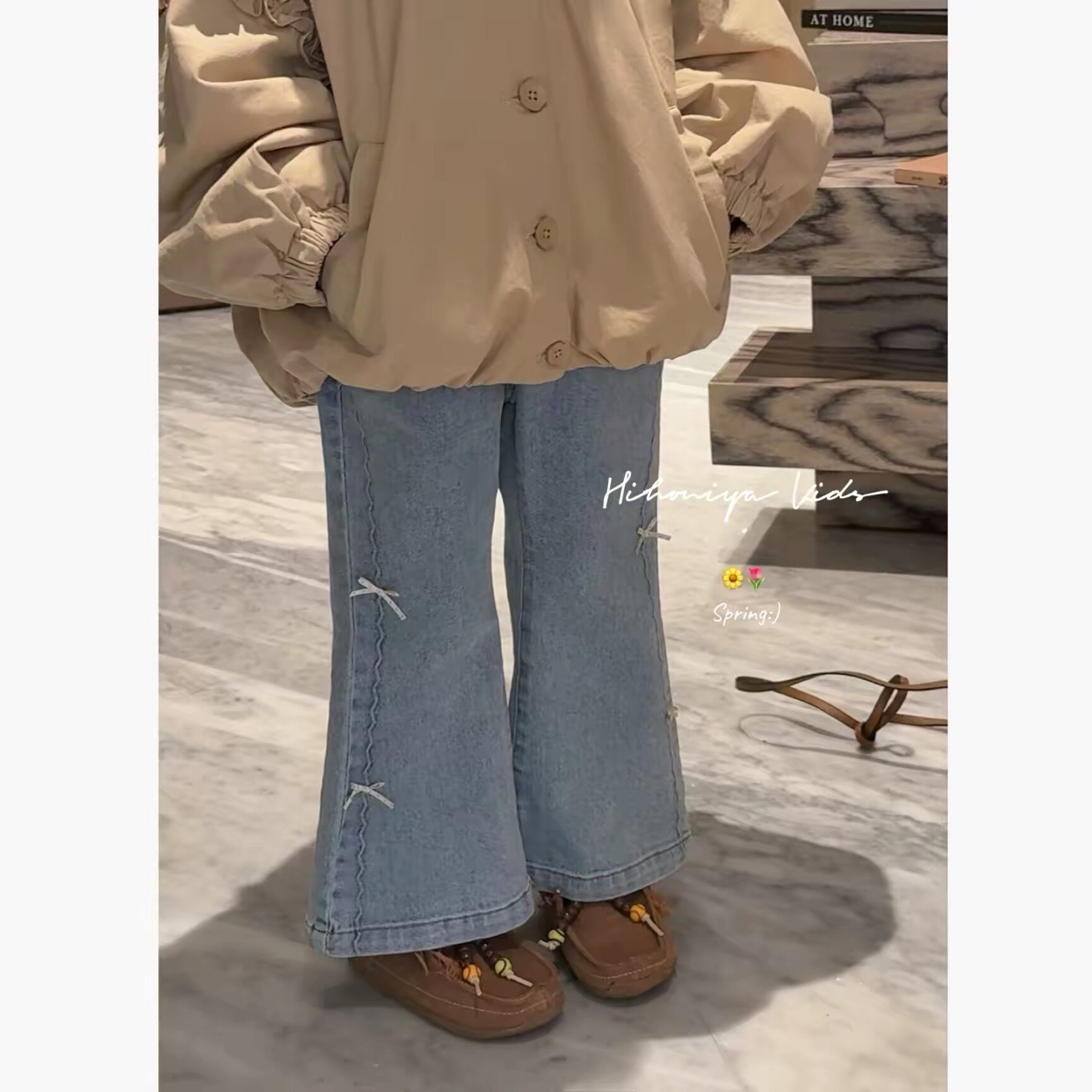 韩系童装2026春季新款女童洋气蝴蝶结喇叭牛仔裤女宝宝微喇叭裤子