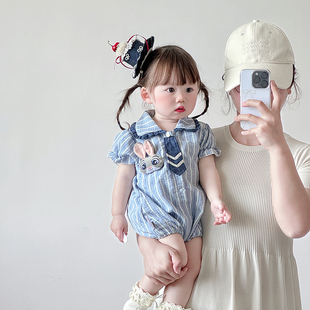 婴儿衣服夏季薄款女宝宝连体衣可爱超萌洋气条纹包屁衣外出服爬服