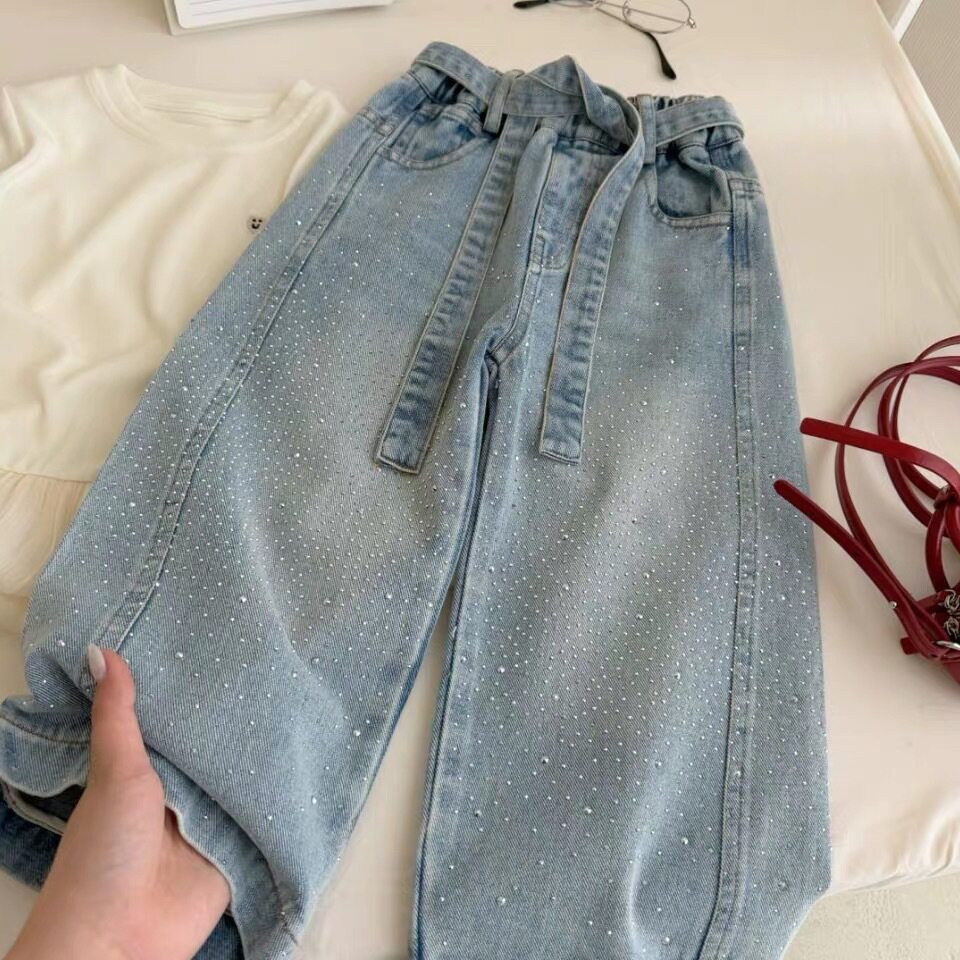 女童牛仔裤2026新款儿童烫钻直筒裤小女孩韩版满天星阔腿牛仔裤潮