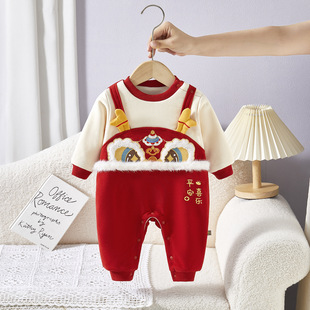 喜庆婴儿冬季加厚连体衣夹棉红色百天满月礼服保暖新生儿衣服