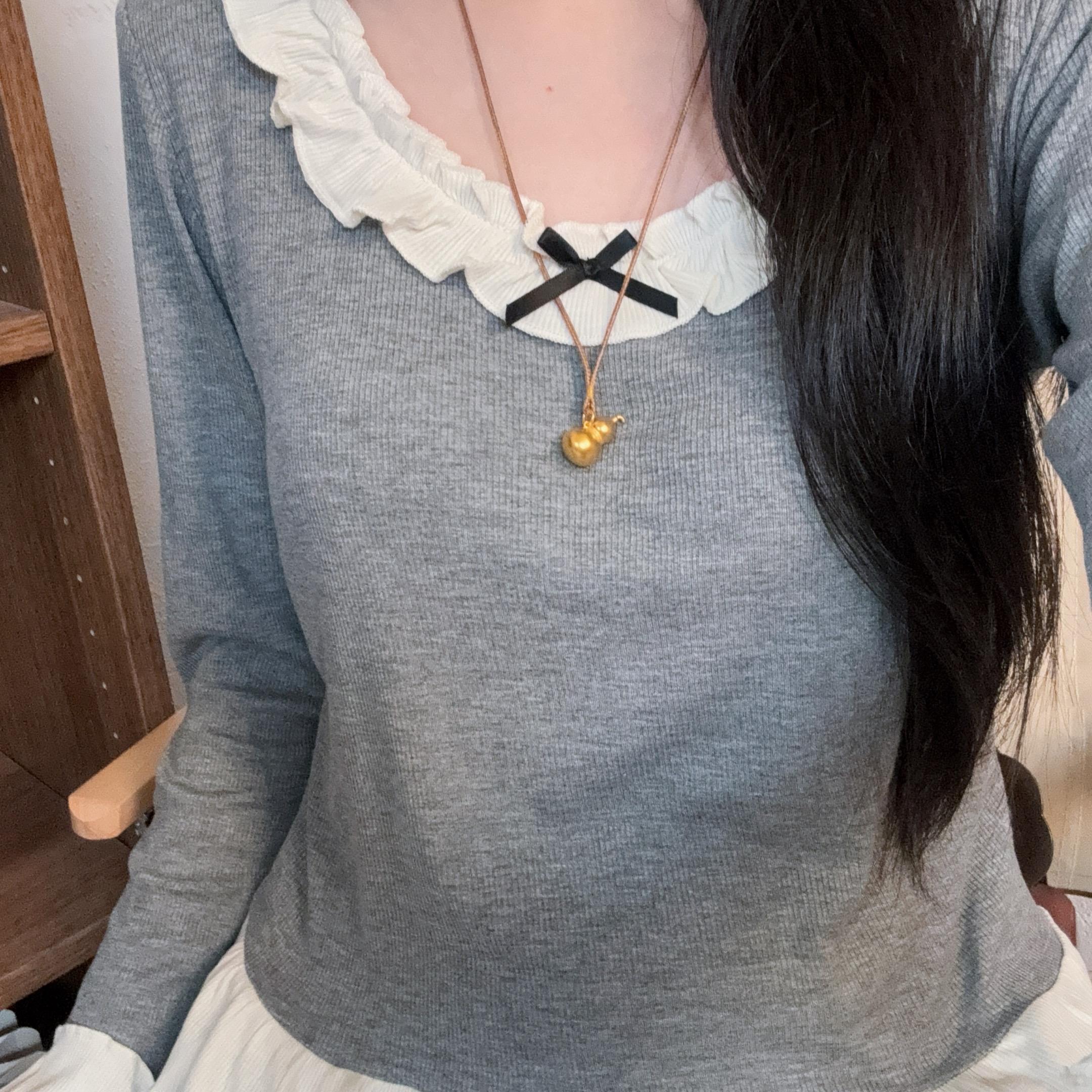 【法式芭蕾风】长袖短款显瘦带胸垫可外穿休闲家居服套装