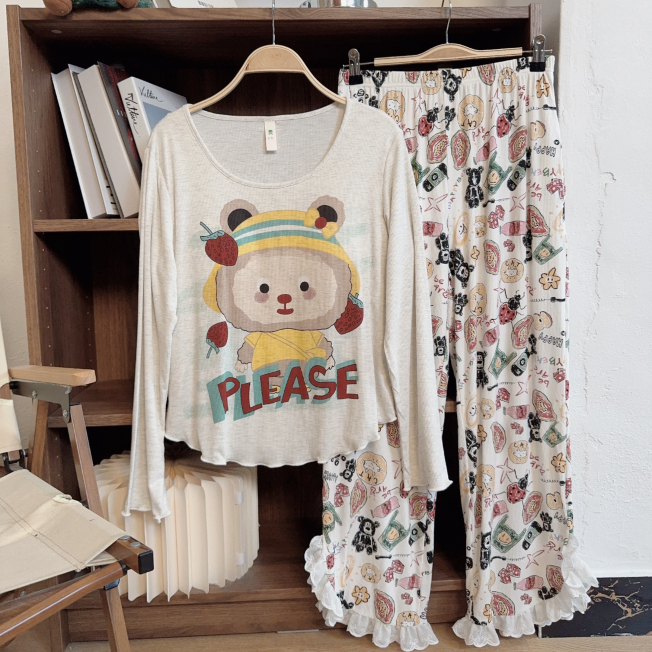 【草莓卡通小熊】长袖带胸垫可外穿休闲家居服套装