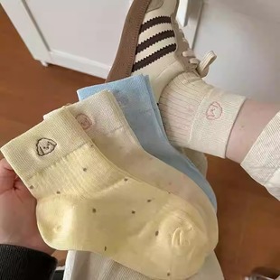 韩版 纯色ins潮 日系可爱卡通中筒袜波点小狗袜子女短袜春夏季 薄款