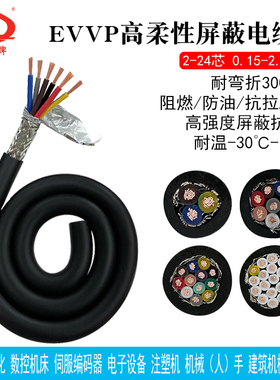EVVP高柔性拖链电缆信号线2 3 4 5 6芯中速运动纯铜屏蔽柔性电缆