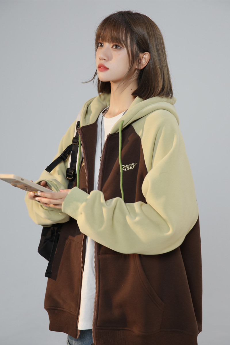 XZ409-1-Y03-P70秋季复古插肩袖卫衣开衫连帽宽松外套女（控88）,男装卫衣,星座1514