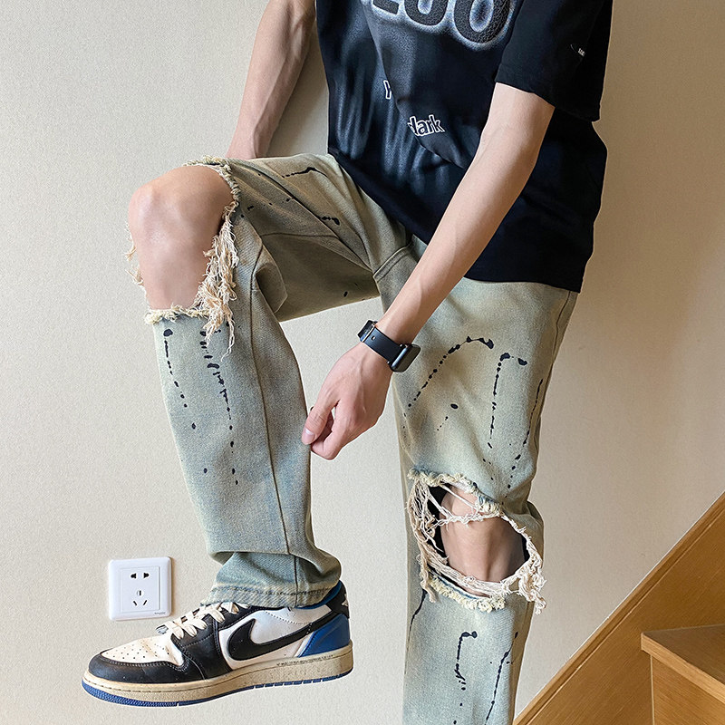 XZ409-1-K640-P60夏季新款破洞小脚牛仔裤男（控75）,男装牛仔裤,星座1514