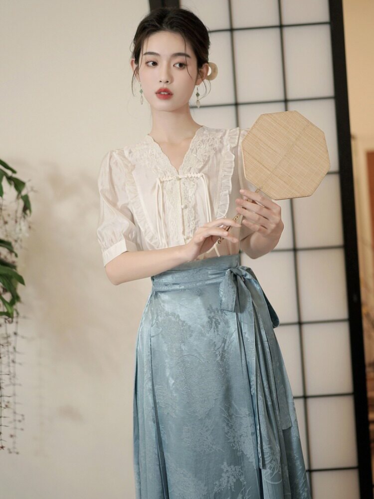 HANFU 여성 여름 당나라 정장 탑 중국 스타일 정장 개선 된 국가 스타일 티셔츠 플레이트 버튼 말 얼굴 스커트 새로운 중국 스타일 여성 의류