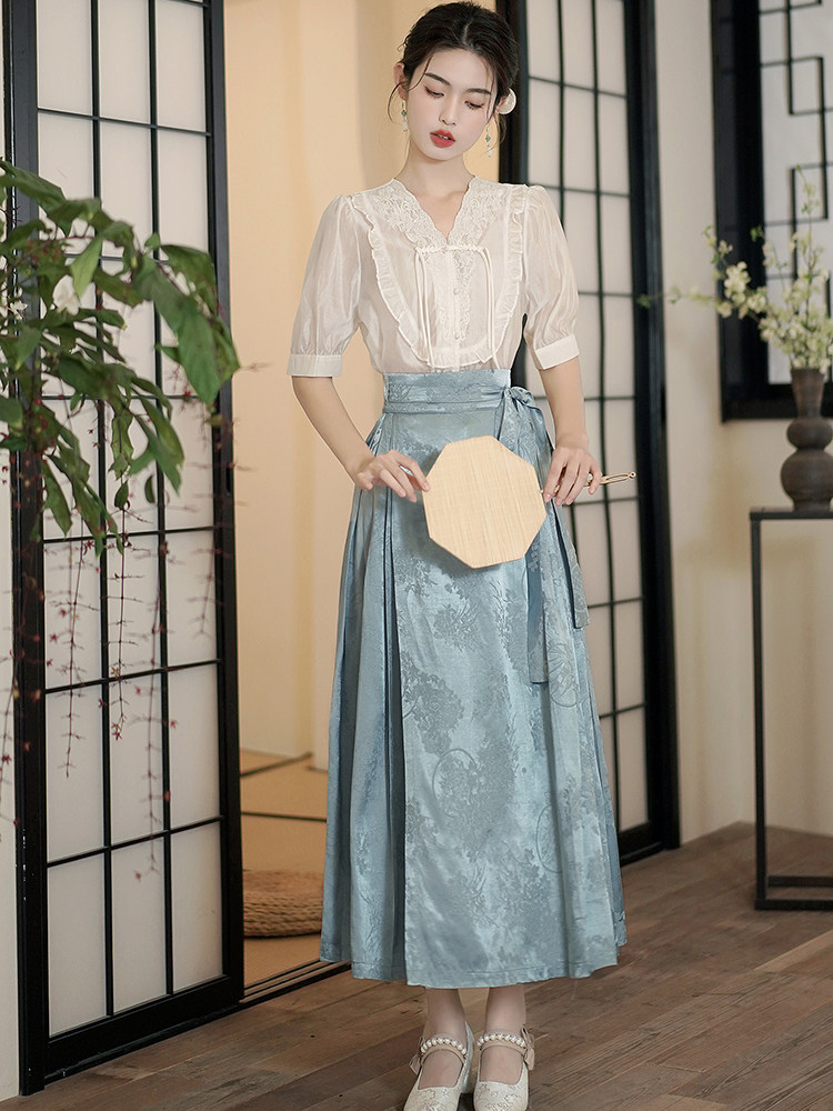 HANFU 여성 여름 당나라 정장 탑 중국 스타일 정장 개선 된 국가 스타일 티셔츠 플레이트 버튼 말 얼굴 스커트 새로운 중국 스타일 여성 의류
