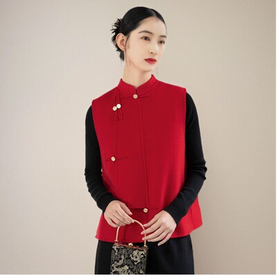 过年战袍唐装女新中式红色马甲中式女装中国风拜年服国风坎肩上衣