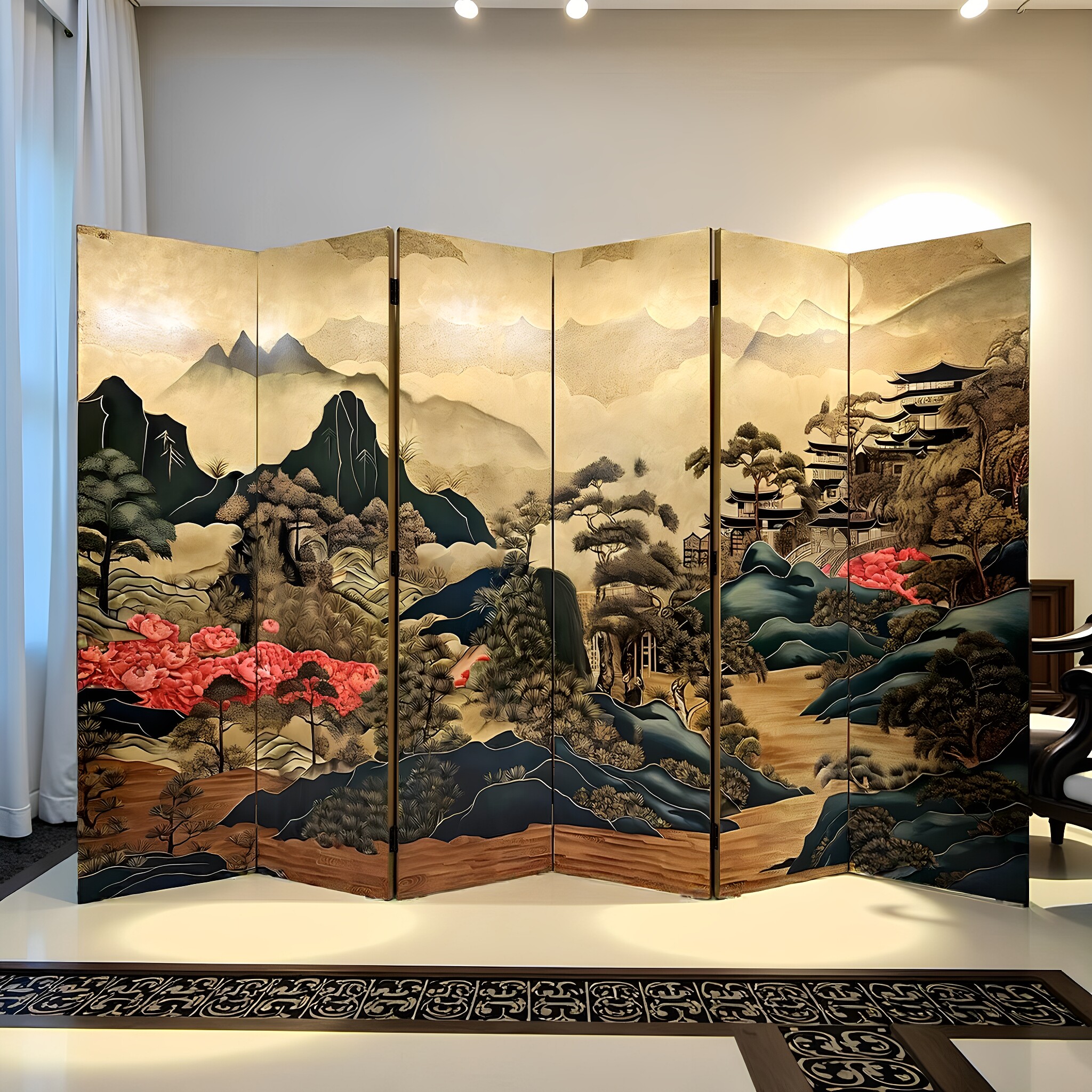 定制手绘中古屏风金箔山水画风景漆画茶室折屏客厅酒店大厅背景墙