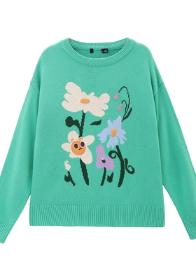 YPUT 花朵提花甜美落肩圆领毛衣 YHG220013E