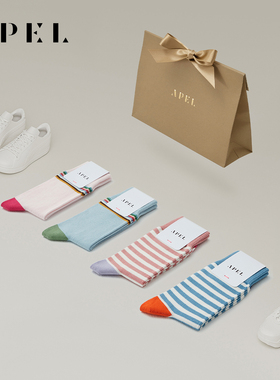 APEL4双礼盒装匹马棉条纹袜子节日礼物中筒袜女时尚百搭潮流棉袜