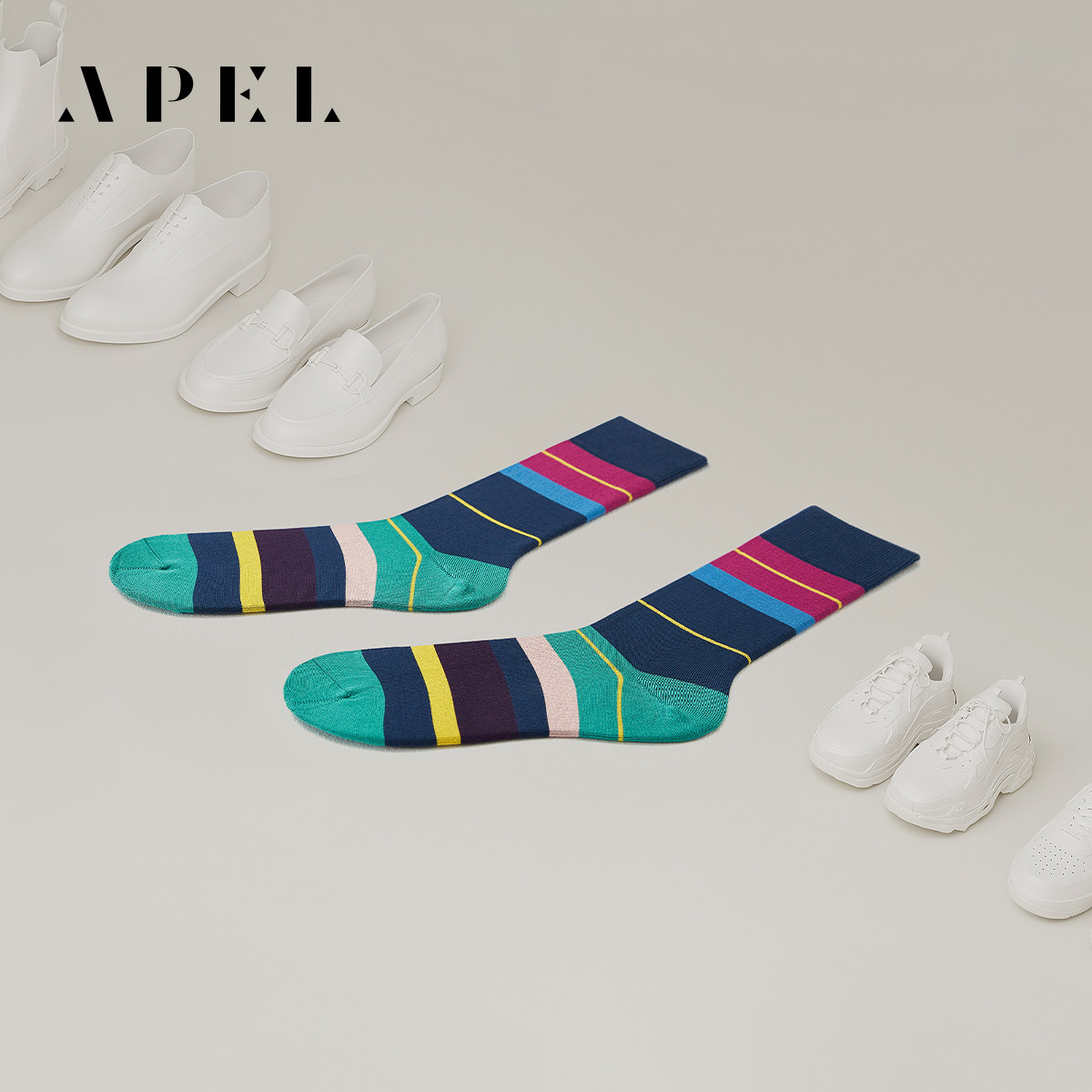 APEL丝光匹马棉棉条纹情侣中筒