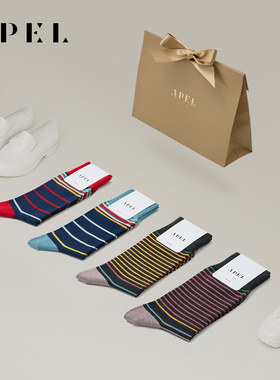 APEL4双礼盒装丝光匹马棉条纹情侣袜子礼物男中筒袜女春秋潮棉袜