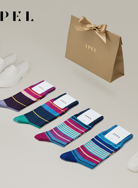APEL4双礼盒装丝光匹马棉条纹情侣袜子节日礼物男中筒袜女潮棉袜