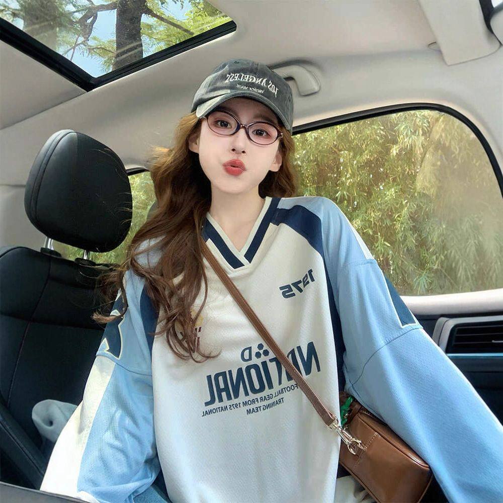 美式运动球衣风长袖t恤女2025新款秋季学院设计感宽松撞色上衣潮