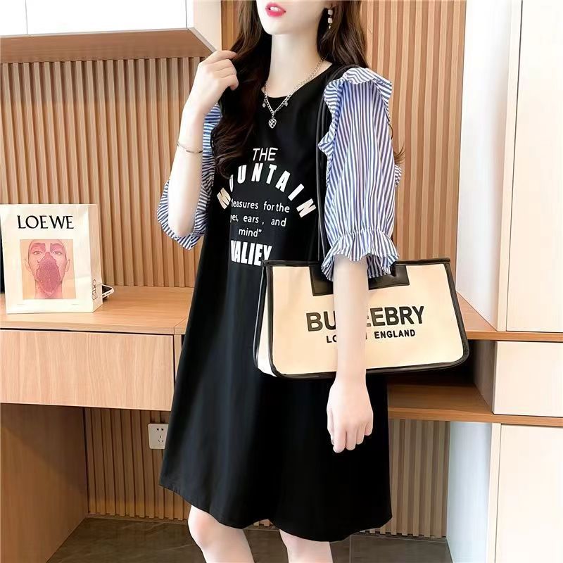 慵懒风衬衫袖拼接宽松T恤女夏季爆款洋气大版中长款遮屁股上衣潮
