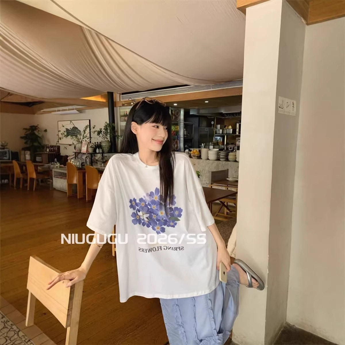 韩系小清新夏新款宽松印花百搭休闲小众设计感圆领上衣短袖t恤女