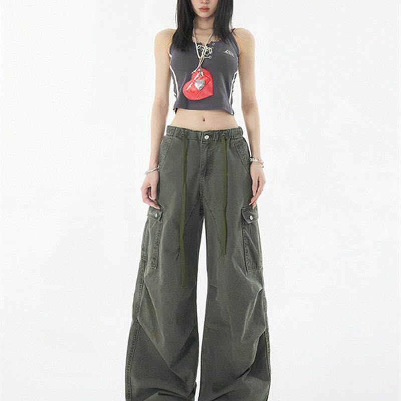 女装#军绿工装裤女小个子2025新款夏季休闲阔腿裤宽松慵懒风